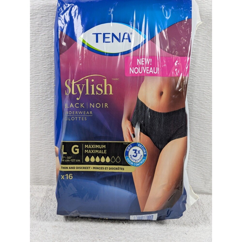 Tena - Stylish Black Women's 16 Ct Thin & Discreet Incontinence Briefs - Size L